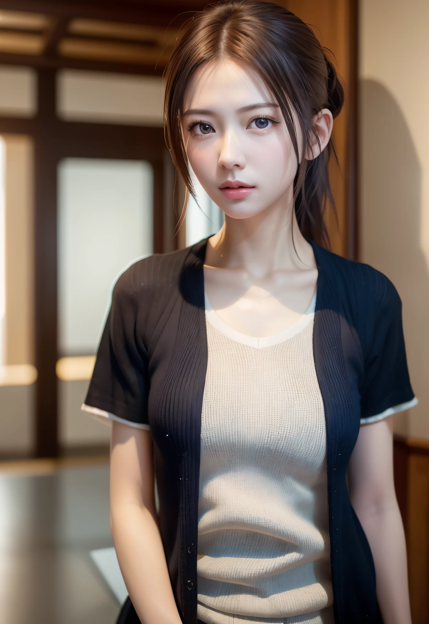 1 persons,(in 8K, top-quality, masterpiece:1.2), (realisitic, Photorealsitic:1.37), ultra-detailliert, Natural sunlight,, 1 persons, 25 year old woman, Dark hair, Pendants, Torn shorts, Light Knit V-Neck Shirt, At the time of performance, extremely detailed face and skin, A detailed eye, extremely detailed face and skin,student clothes,musculature,