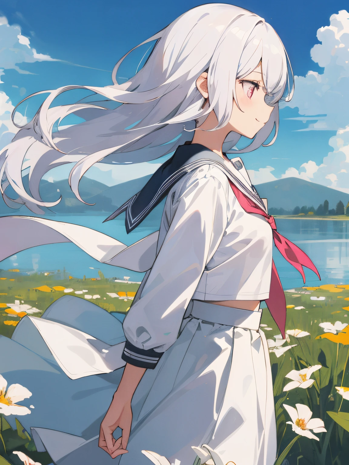 (finely best quality illustration:1.1), Photorealistic background, 8K, textless version, BREAK соло, 1 girl is walking_UPON_Lake, profile, (early teen, Mesugaki:1.2), perfect anatomy, white colored hair, undercut, silky hair, pink eyes, olhando_away, Smile, small breasts, school_uniform, serafuku, exteriors, floating clouds and blue sky, bloom, Lake, Mirror surface, from side,