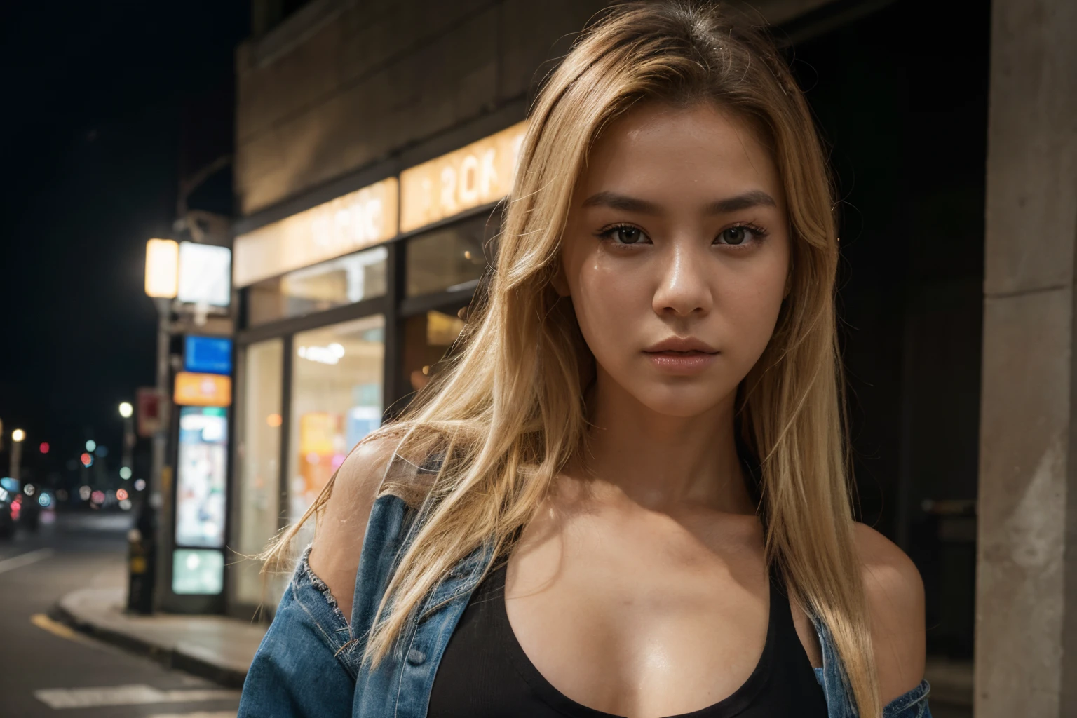 beautiful korean model woman with blonde hair using black tank top with denim jacket, detail face, she have a very bright eyes, realistic face, detail face, realistic skin, skin pore, vibrant, dramatic lighting, 8k resolution picture, high detail on the photo, very realistic picture, dramatic lighting, shadow, dramatic shadow, one of a kind photo, sharp photo, sharpness on the detail, looking at viewer, view from front, (((Best Quality, masutepiece: 1.3)), long hair, ultra high res. street background, blonde hair, high quality, masterpiece, 8K, UHD, UHD, retina, masterpiece, retina, UHD, masterpiece, ccurate, textured skin, super detail, high details, high quality, highres, best quality, award winning, 16k