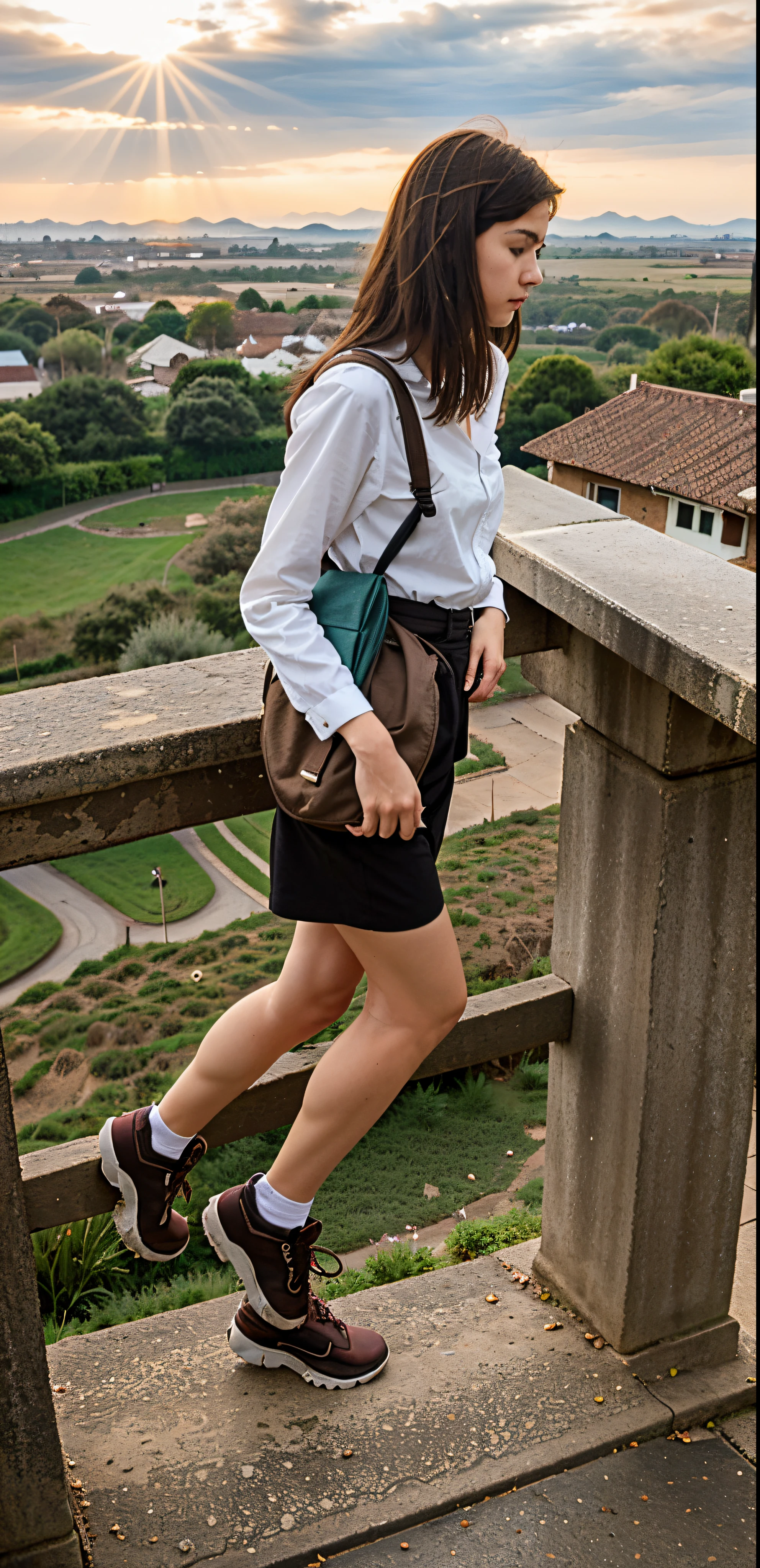 Carrying a rucksack,arms leaning on railing,Araff woman,(up view:1.3)
