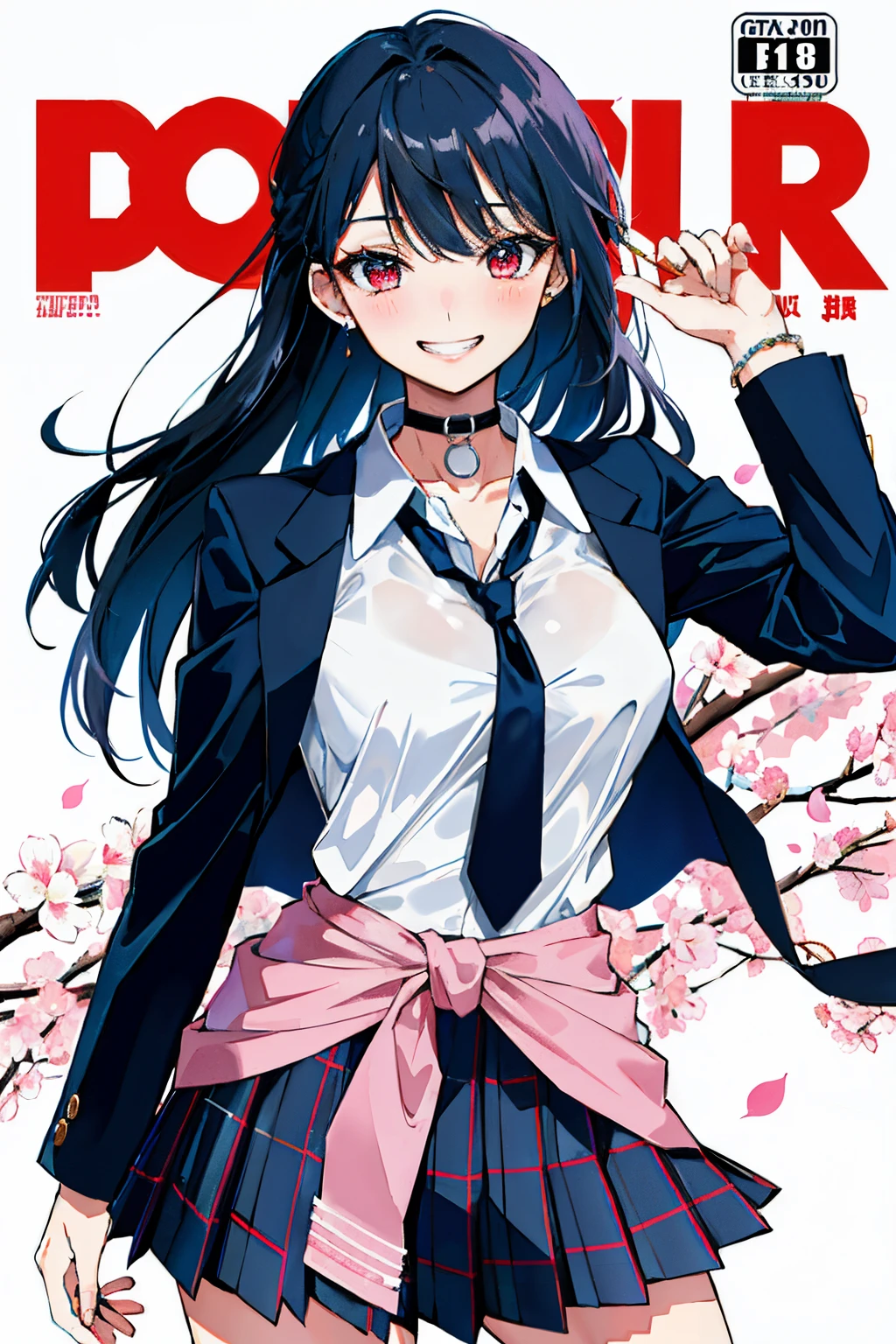 masterpiece, best quality, full body, 1girl, bangs, black choker, black necktie, black hair, blue skirt, blush, bracelet, breasts, choker, clothes around waist, collarbone, collared shirt, cowboy shot, dress shirt, ear piercing, eyebrows visible through hair, gradient hair, grin, gyaru, jewelry, kogal, long hair, looking at viewer, loose necktie, necktie, piercing, plaid, plaid skirt, pleated skirt, red eyes, ring, school uniform, shirt, skirt, smile, solo, white shirt, street, sky, cherry blossoms, petals,illustration, (magazine:1.3), (cover-style:1.3), fashionable, woman, vibrant, outfit, posing, front, colorful, dynamic, background, elements, confident, expression, holding, statement, accessory, majestic, coiled, around, touch, scene, text, cover, bold, attention-grabbing, title, stylish, font, catchy, headline, larger, striking, modern, trendy, focus, fashion,
