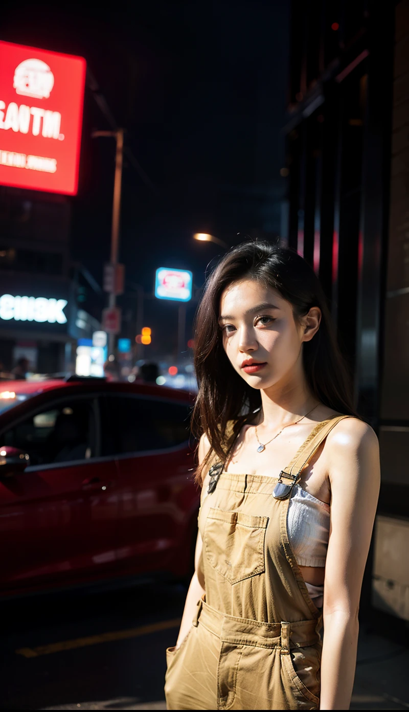 Girl standing next to cyberpunk style car，Wearing glowing overalls，Perfect facial details，Perfect lashes，Perfect hair shine，Have technological equipment，Perfect light effects，Cyberpunk style city，Sci-fi cars，