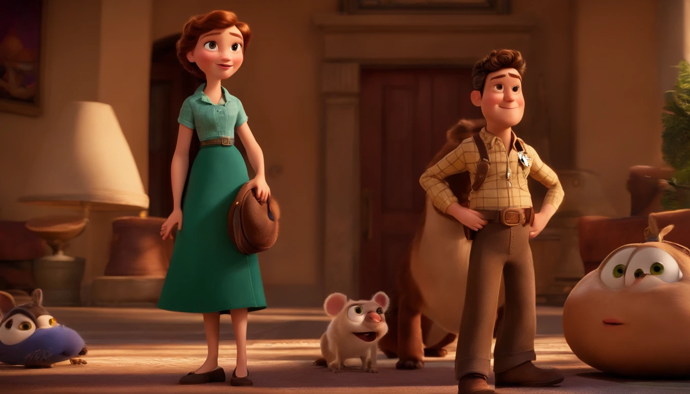 "Imagine a movie poster in the unmistakable Disney Pixar style. Na imagem, A young woman with medium-length hair stands out, ricamente castanhos, que exibem cachos bem definidos e volumosos. Her skin has a medium tone and her eyes are brown. The scene is masterfully executed in Pixar's signature art style, where the expressions of the characters are the central focus. Cores vibrantes preenchem o quadro, criando uma atmosfera visualmente atraente. Textures are precisely detailed, adding depth to the image. The end result perfectly captures the distinctive characteristics of Disney Pixar animations, promising an immersive and magical cinematic experience."