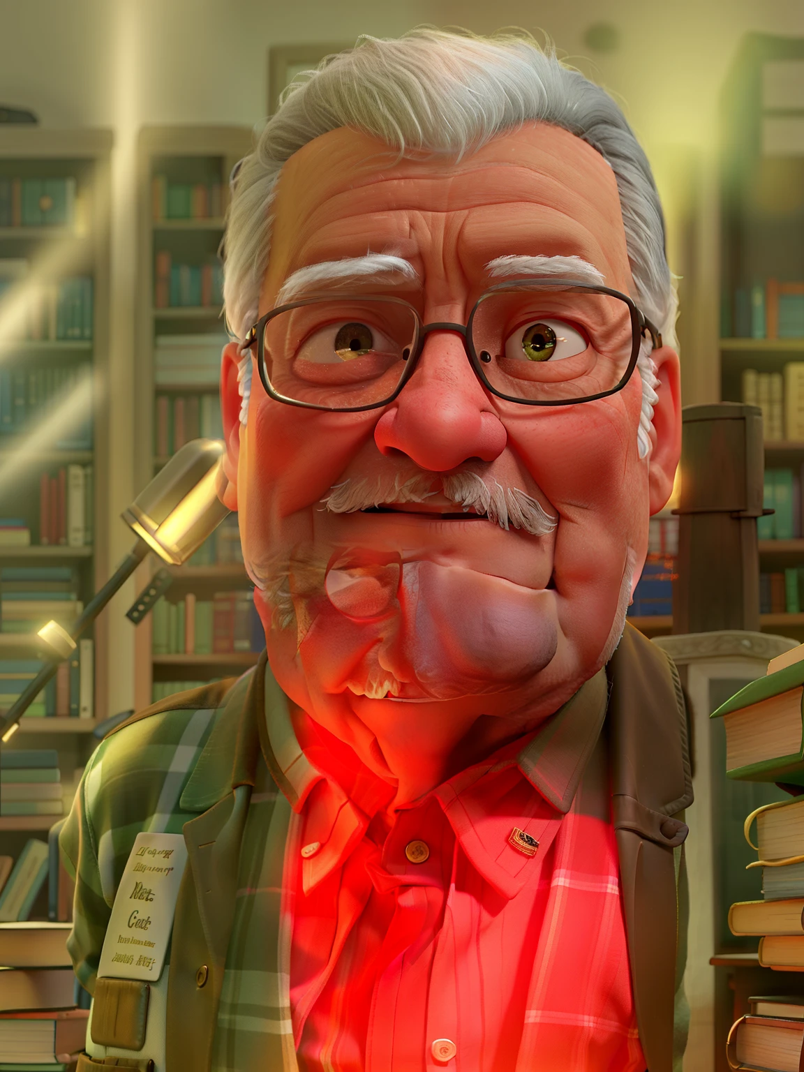 A wise old man standing in front, illuminated by the light of a lamp, against the backdrop of a library