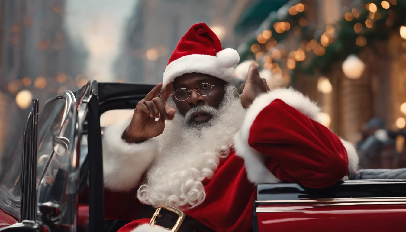 best quality, realistic, photorealistic, award-winning illustration, (intricate details: 1.2), (delicate detail), (intricate details), vintage black afro man as Santa Claus showing OK sign in a car in a cityscape looking at the camera, a photorealistic painting by Mac Conner, pexels, realism, character, the man is wearing old red clothes and overalls, The background is a painting of Christmas aesthetic, creating a contrast between the realistic and the artistic elements of the image,8k