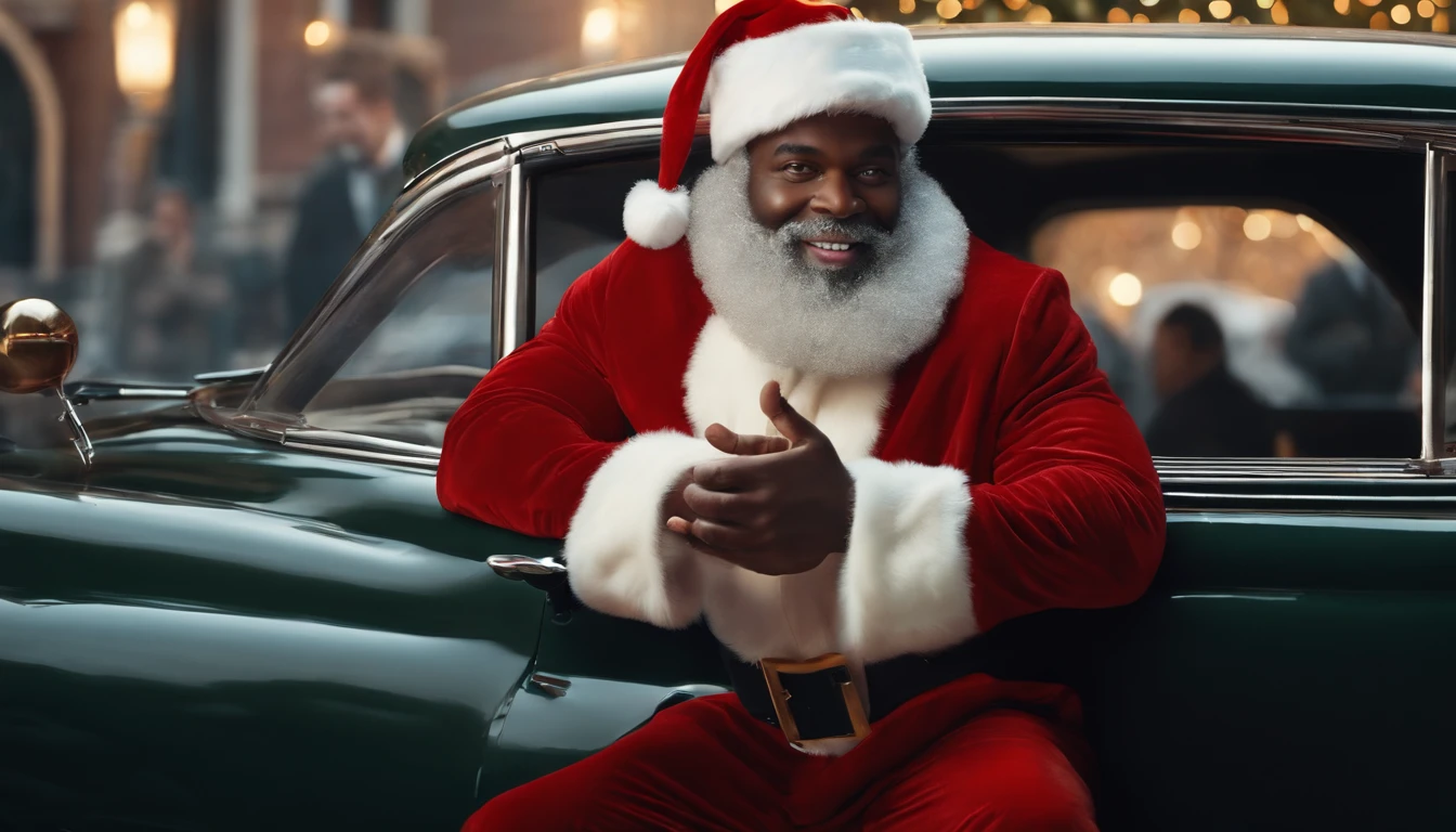 best quality, realistic, photorealistic, award-winning illustration, (intricate details: 1.2), (delicate detail), (intricate details), vintage black afro man as Santa Claus showing OK sign in a car in a cityscape looking at the camera, a photorealistic painting by Mac Conner, pexels, realism, character, the man is wearing old red clothes and overalls, The background is a painting of Christmas aesthetic, creating a contrast between the realistic and the artistic elements of the image,8k