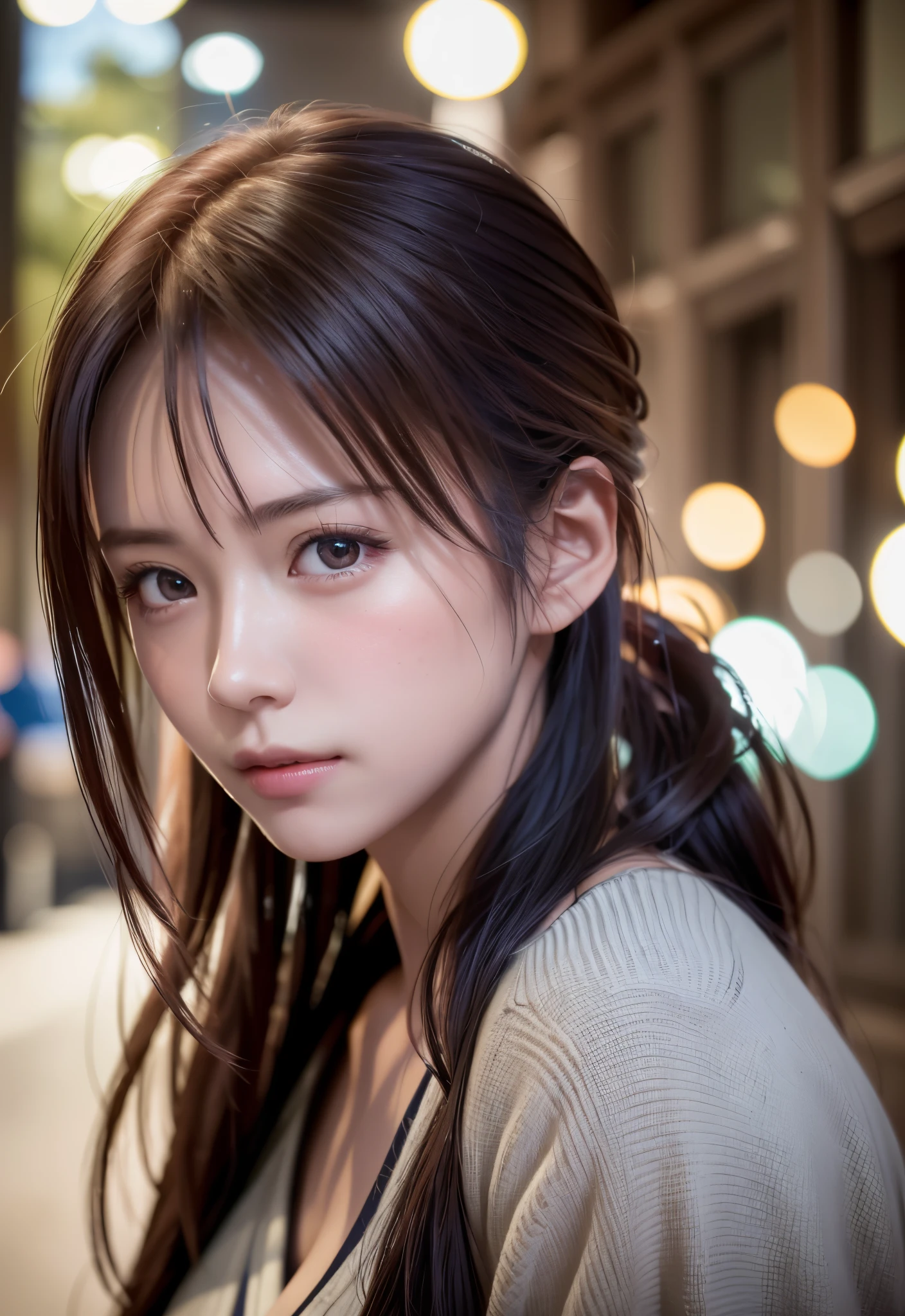 8K, of the highest quality, masutepiece:1.2), (Realistic, Photorealsitic:1.37), of the highest quality, masutepiece, Beautiful young woman, Embarrassed look, Hair tied back, Kamimei、Messy mood, Cinematic background, Tired, Light skin tone