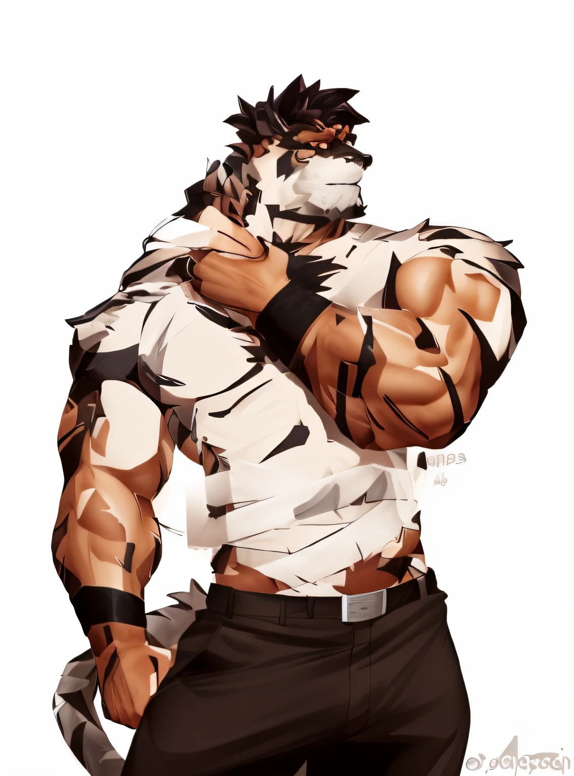 tiger skin、Black pants、Anime character in white shirt, full body commission for, commission for high resolution, ((tigre)), muscular werewolf, tigre_beastly, hairy chest, musculous!!, muscular character, anthropomorphic tiger, detailed full-body concept, musculous! cyber punk perssonage, short full body portrait!, (SFW) Seguro para o trabalho
