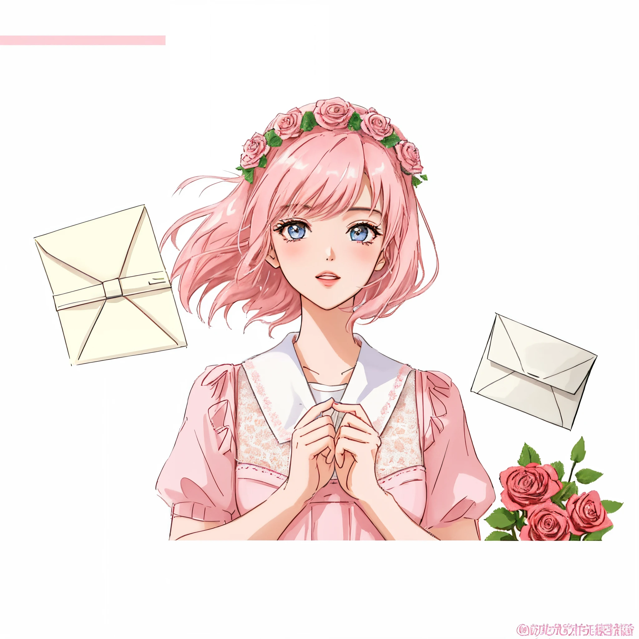 There is an envelope,half open envelope,pretty pink,There are photos of roses and heroines,Beautiful people in photos