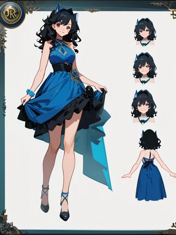 absurd res, high res, (masterpiece:1.4) character sheet design,  accurate anatomy, 1 girl girl wearing halter blue dress, sleeveless dress, black hair wavy, heart necklace, medium height, smilling