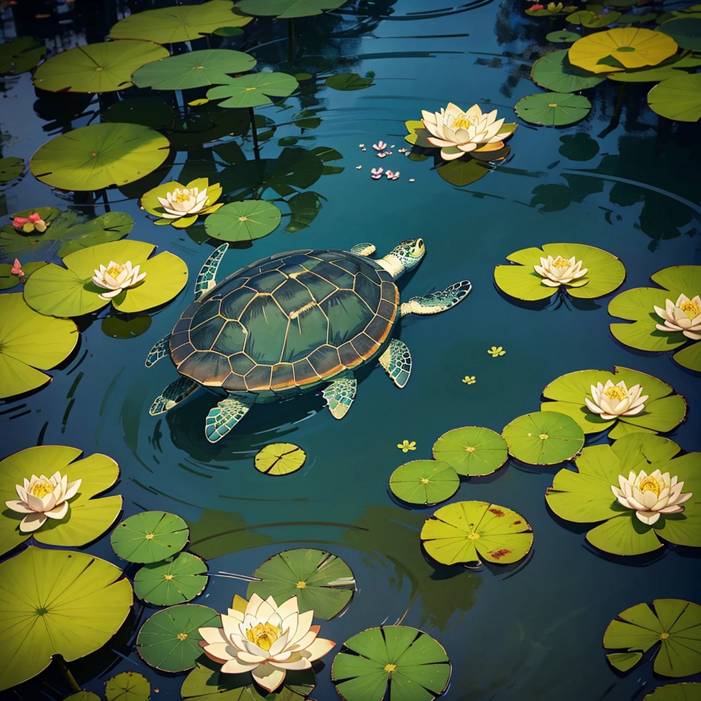 Highest image quality，anime illustrated，rich details​，A turtle swimming in a lotus pond，Turtle，lotuses，Lotus leaf，Clear river water，cobblestones
