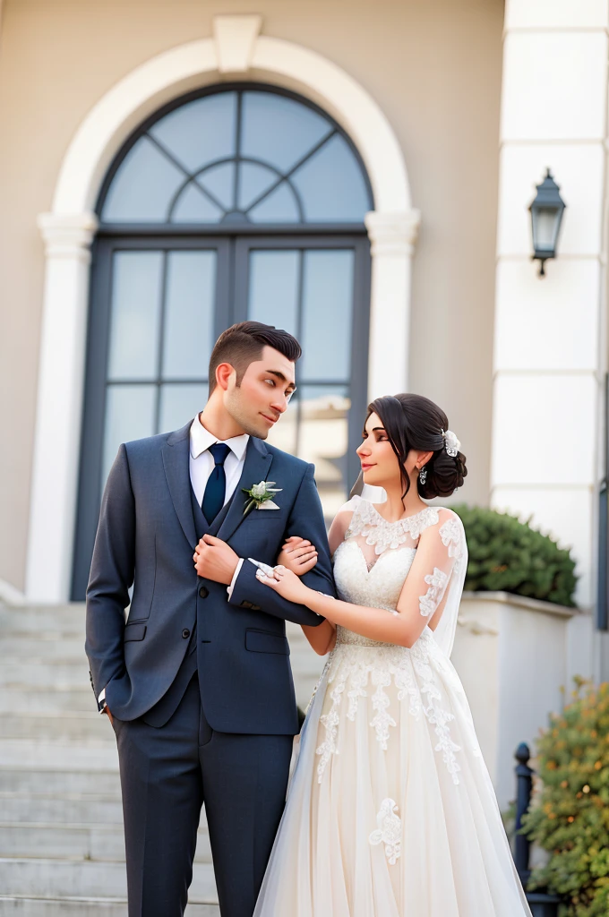 bride and groom standing on steps in front of a building, jovana rikalo, an elegant couple, bride and groom, wedding photo, professional wedding photography, photo taken with nikon d750, photo taken with nikon d 7 5 0, by Zofia Stryjenska, luxurious wedding, by Maksimilijan Vanka