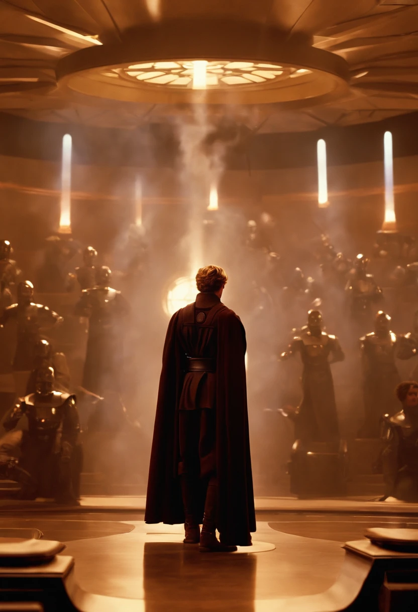 Anakin is using the Force to levitate objects in the training room, his intense focus evident as his surroundings are filled with floating debris.,Star Wars: Episode II - Attack of the Clones,Anakin Skywalker