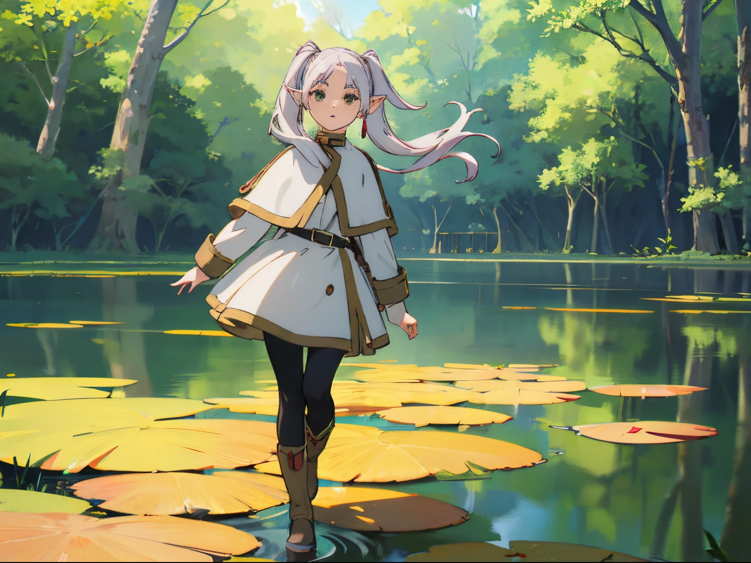 fll, twintails, 1girl, pointy ears, round face,white hair, green eyes, elf, pantyhose, long hair, earrings, black pantyhose, white capelet, long sleeves, dress,Anime girl wearing skirt and boots standing in pond, Shi Tao&#39;s portraits, Pixiv Contest Winner, concept-art, Anime girl walking on water, Official character art, Anime , stylized anime, Anime visuals of a cute girl, Produced by Anime Painter Studio,cg,4k,extremely detaile