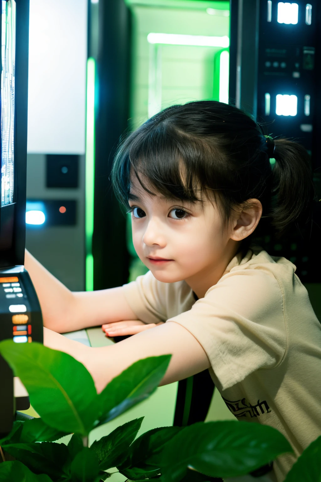 A child sitting in front of the computer，A green leaf-shaped bookmark is displayed on the computer，Reflecting the &quot;Green Bookmark Action&quot; green reading、Civilized Internet access、Core connotations such as protecting minors，Highlight the ideological nature、artistry、Innovative，Educational and inspiring，can arouse public recognition。It is required to be a vertical poster in the form of a simple ordinary image quality art poster