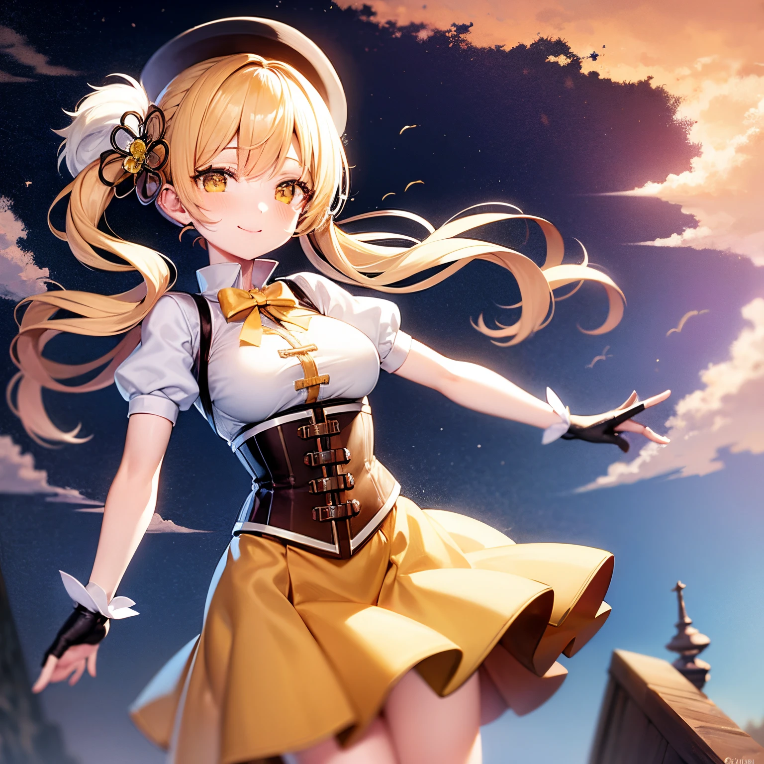 masutepiece, Best Quality, 1girl in, (Mami Tomoe), Blonde hair, Drill Hair, twin drills, (Yellow eyes:1.2), Brown gloves, corsets, Detached sleeves, Fingerless gloves, Smile, hat, magical little girl, Puffy sleeves, striped thigh, Yellow skirt, coverd nippple, breasts, npclearly, clearly , Hidden Private, Partially visible crotch, skyporn, evening, Sunset, Chibi Chara, Chibi, Deformed Character