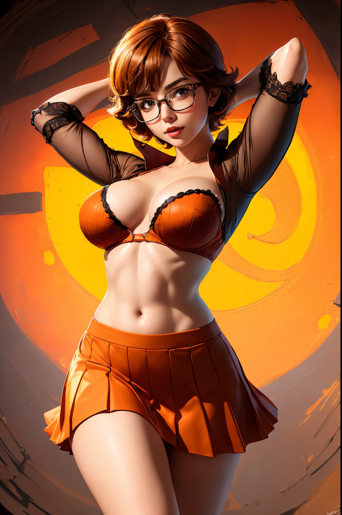 (masterpiece:1.2), (best quality), (ultra detailed), (8k, 4k, intricate),(full-body-shot:1), (highly detailed:1.2),(detailed face:1.2), (detailed background),detailed landscape, ((portrait)), (dynamic pose:1.2)  velma, 1girl, solo, breasts, looking at viewer, short hair, skirt, large breasts:1,9, brown hair, brown eyes, pantyhose, pleated skirt, glasses, orange strapless bra, turtleneck sweater, orange shirt, orange sweater,upper body