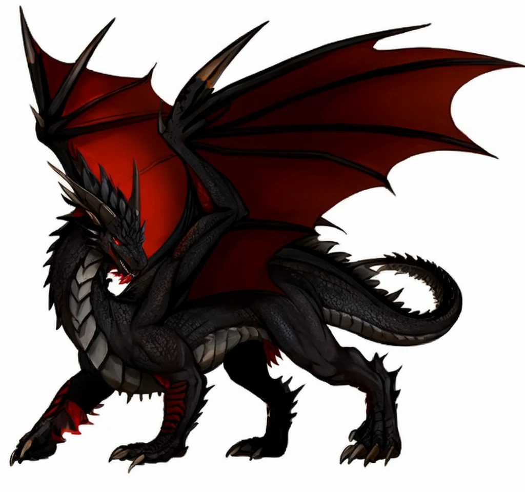 black western dragon,Sharp red eyes,large wings,quadrupedal walking,Sharp fangs,gray abdomen,meat with thorns,greyt hair,fullnude,giant dragon body,gray wing membrane,Changed red wing membrane to gray wing membrane,Full body black,