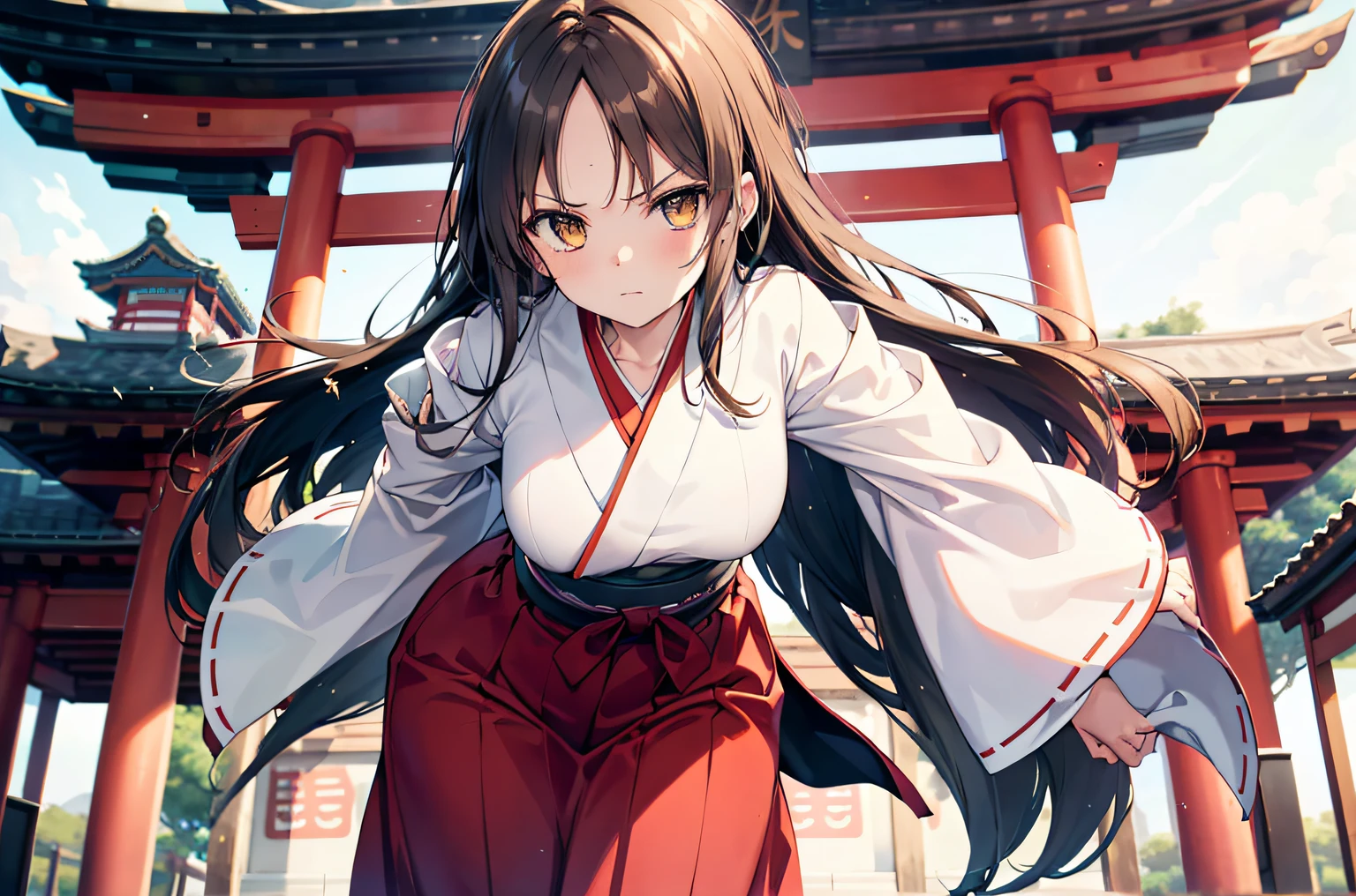 solo {{{forehead}}}, {girl with long brown straight hair}　Hands on hips　Glaring　Forehead {{{Cowboy Shot}}},　Leaning forward　Red Japanese shrine maiden clothes with little exposure　hakama　Sleeves of priestess clothes　Angry look　Precincts of the shrine　Small breasts high school student, Orange Eyes　immensely detailed scene {{{extremely details CG}}}}}, {{8K_Wallpaper}}, ((extremely delicate and beautiful fabric)) ((beautiful detailed background)), beautiful details in the wind, ((extremely delicate and beautiful fabric)),((beautiful detailed surround)), beautiful details in the wind,wide vision ,wide angles, {{{masutepiece}}}}, {{{Best Quality}}}, {{{hight resolution}}}, {{Good anatomy}}, {{{Hyper Detailed}}}, Extremely delicate and beautiful, Ultra-detailed,Beautiful, {{{Beauty}}},Original, Extremely detailed ),Best Quality, Rotating,Beautiful, {{{Beauty}}}