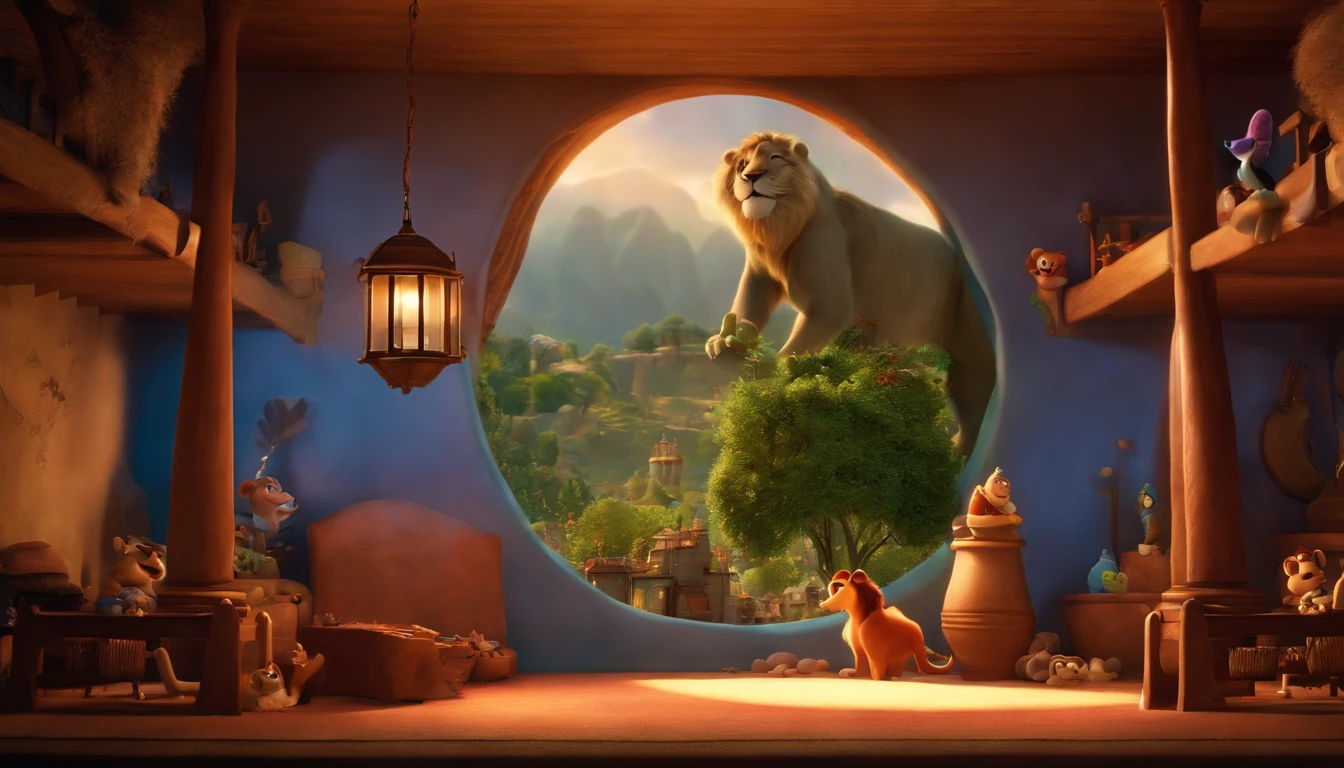 "Imagine a movie poster in the unmistakable Disney Pixar style. a pixa Disney cartoon of biblical time city in heaven very beautiful with big tall houses, bible times, a very beautiful place in heaven, birds flying in the sky, beautiful tress, animals, lions, tigers playing animated film, 3 d animated movie, animated still, animated movie, (8k) (Cinematic lighting) , photo, 3d render, cinematic, The scene is masterfully executed in Pixar's signature art style, where the expressions of the characters are the central focus. Cores vibrantes preenchem o quadro, criando uma atmosfera visualmente atraente. Textures are precisely detailed, adding depth to the image. The end result perfectly captures the distinctive characteristics of Disney Pixar animations, promising an immersive and magical cinematic experience."