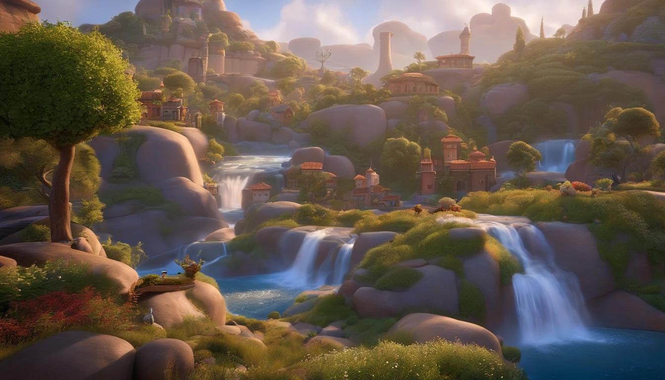 "Imagine a movie poster in the unmistakable Disney Pixar style. a pixa Disney cartoon of biblical time city in heaven very beautiful with big tall houses, bible times, a very beautiful place in heaven, birds flying in the sky, beautiful tress, animals, lions, tigers playing animated film, 3 d animated movie, animated still, animated movie, (8k) (Cinematic lighting) , photo, 3d render, cinematic, The scene is masterfully executed in Pixar's signature art style, where the expressions of the characters are the central focus. Cores vibrantes preenchem o quadro, criando uma atmosfera visualmente atraente. Textures are precisely detailed, adding depth to the image. The end result perfectly captures the distinctive characteristics of Disney Pixar animations, promising an immersive and magical cinematic experience."