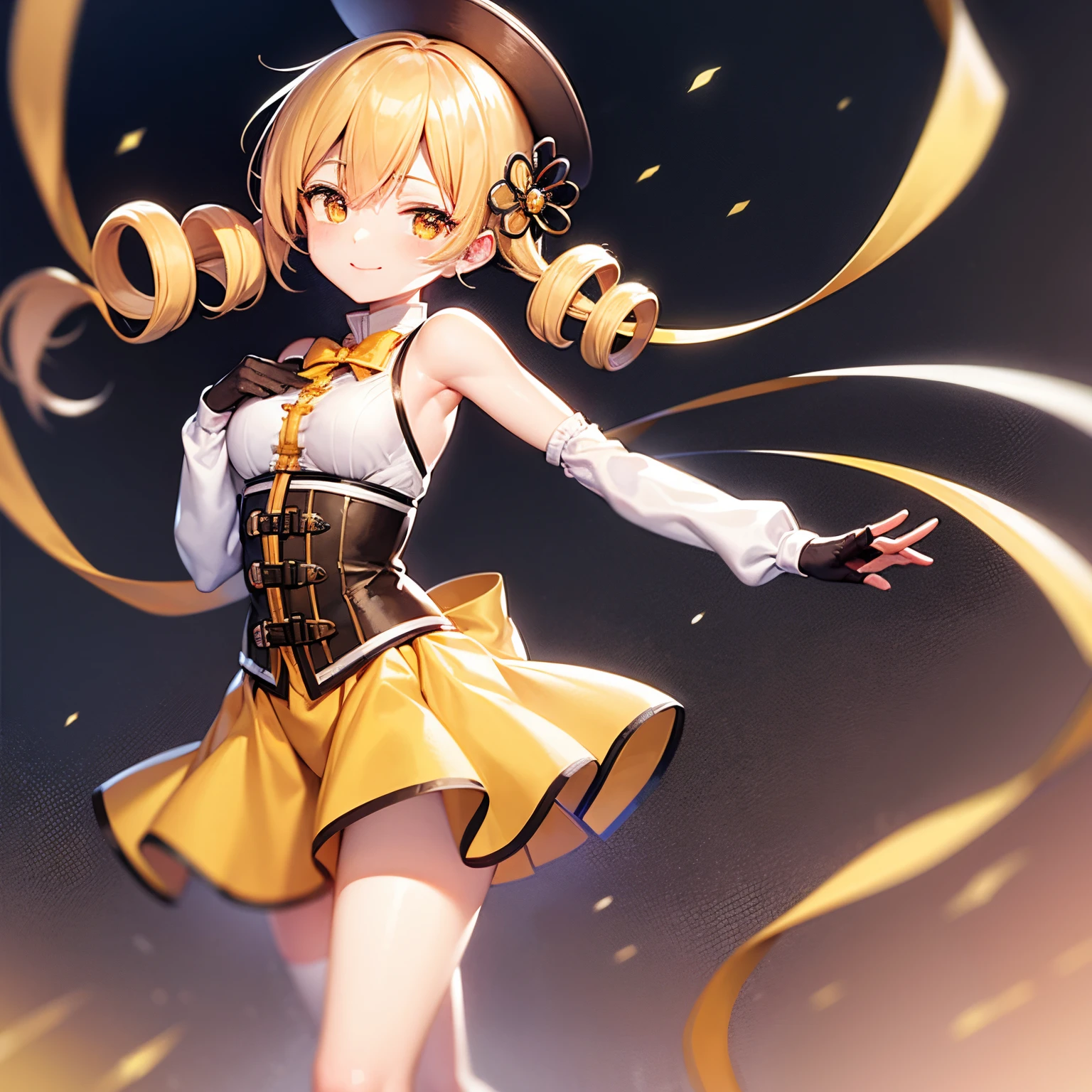 masutepiece, Best Quality, 1girl in, (Mami Tomoe), Blonde hair, Drill Hair, twin drills, (Yellow eyes:1.2), Brown gloves, corsets, Detached sleeves, Fingerless gloves, Smile, hat, magical girl, Puffy sleeves, striped thigh, Yellow skirt, coverd nippple, breasts, npclearly, clearly , Hidden Private, Partially visible crotch, skyporn, evening, Sunset, Chibi Chara, Chibi, Deformed Character