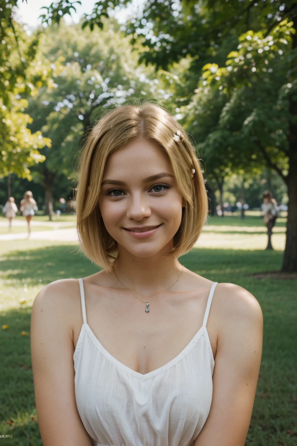 realism, blonde, cute, petite, bob hair, smile,best quality,in the park