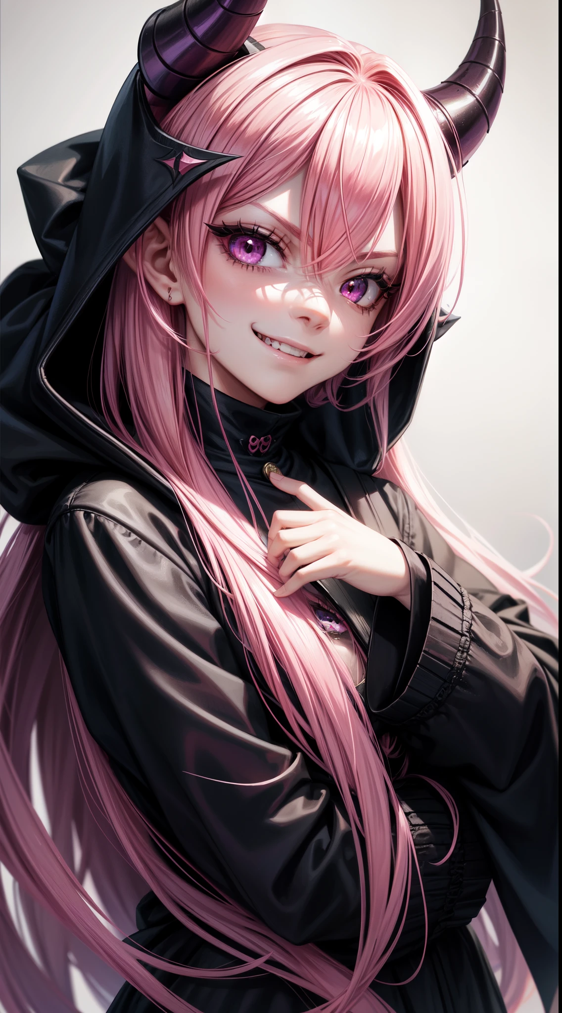 1girl, pink hair, long hair,  hd quality, 4k, 8k,,eyes, face, , evil, dark, face closeup, face, evil smirk, fangs, black background, face close up. dominant, dark, sideways, sideview, hooded, villain, hair clip, smile, oni horns