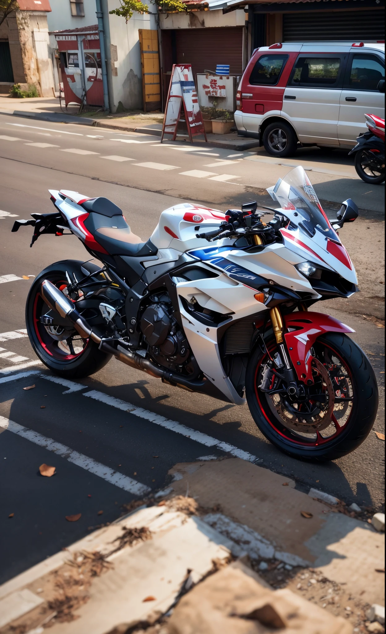 hiperrealisme:1.1),(detail:1.2)8k,motorcycle parked on the side of the road in front of a building, front side full, white red, front side, front profile, r6, front profile!!!!, unreal enging, full device, yoshimura exhaust, by Ren Renfa, side front view, front side view, full pose, silver white red details, black white, looks smart, front shot.background bokeh