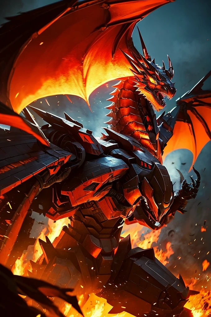 Close-up of a fire-breathing dragon with flames in the background, Concept art inspired by Chen Zhil, pixiv, auto-destructive art, flame conjuring armored, Ruler of Inferno, well armored mech dragon, gurren lagann, avatar image, sazabi, Evangelion New Theatrical Version Third Impact, Gurren Lagann, Mobilesuit, Extreme Gundam