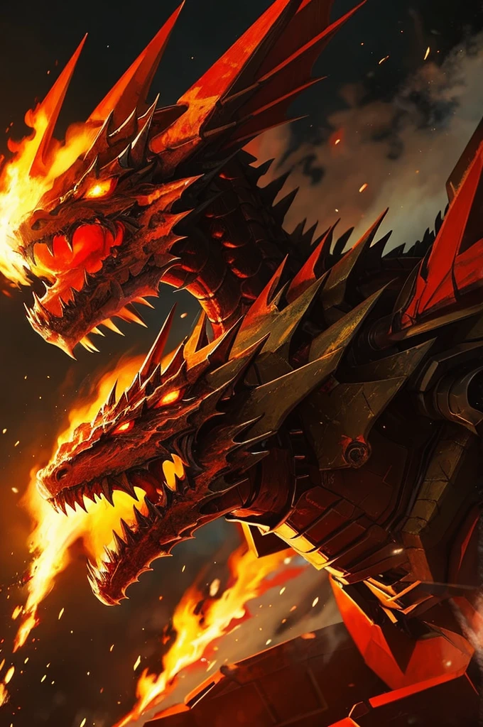 Close-up of a fire-breathing dragon with flames in the background, Concept art inspired by Chen Zhil, pixiv, auto-destructive art, flame conjuring armored, Ruler of Inferno, well armored mech dragon, gurren lagann, avatar image, sazabi, Evangelion New Theatrical Version Third Impact, Gurren Lagann, Mobilesuit, Extreme Gundam