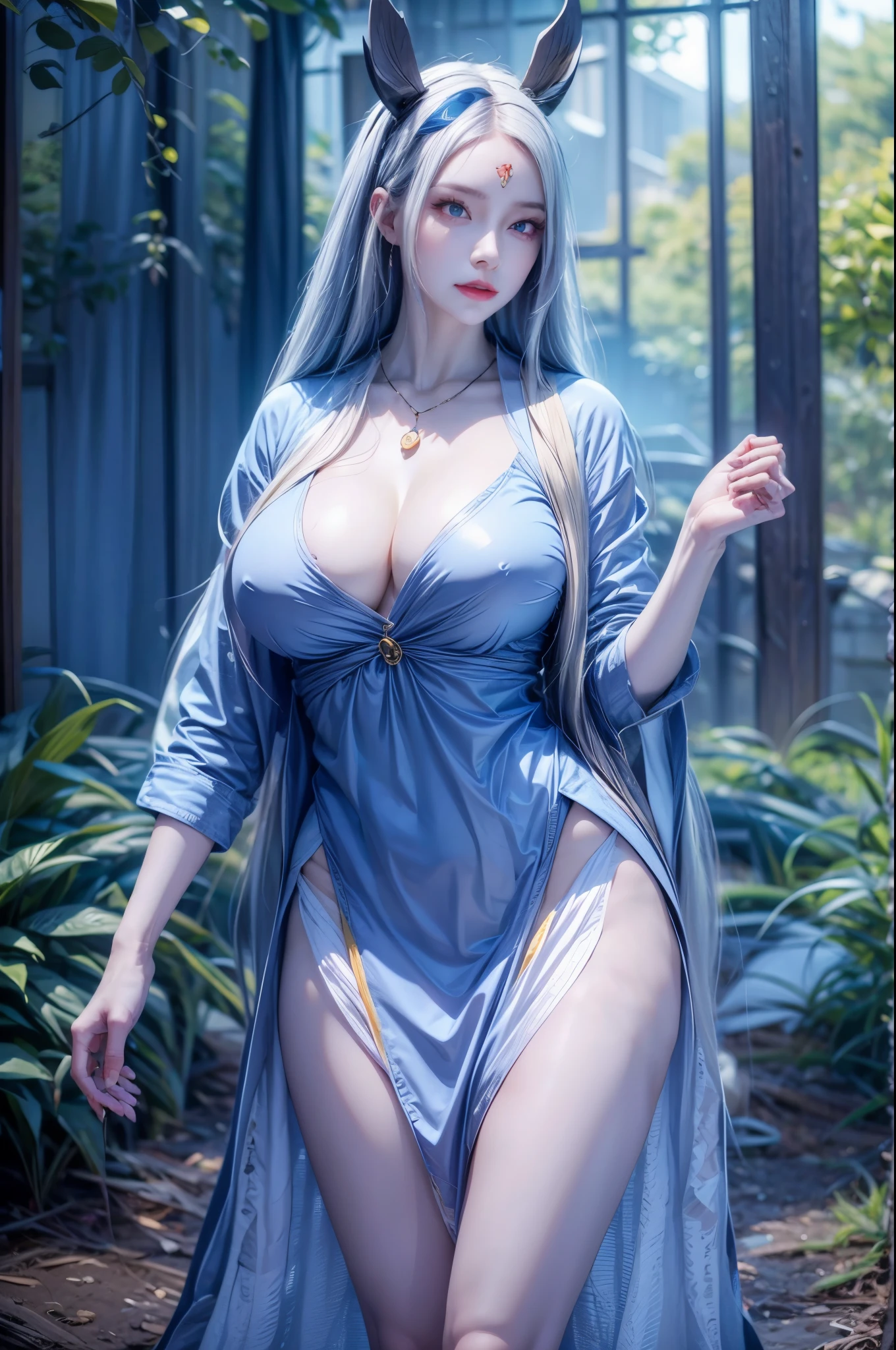 realistic, 1 women, best quality, 12k, HD, long hair, big round breasts, cleavage, ponytail, necklace, jewelry, shorts, short jacket, slim hips, hair tie, yellow eyes, black hair, super detailed, Eye details, hair details, person details, mouth details, face details, breast details, clothes details, hair details, pants details, hand details, whole body