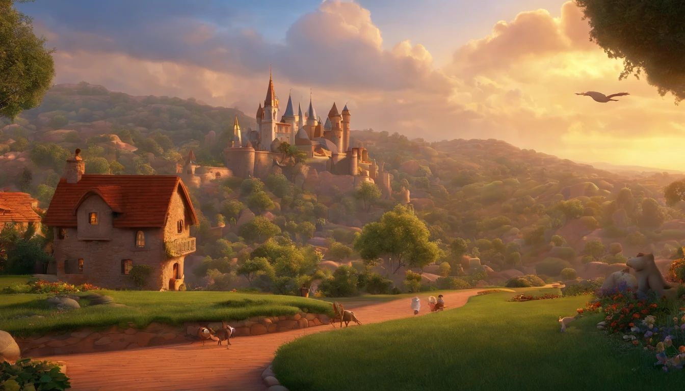 "Imagine a movie poster in the unmistakable Disney Pixar style. a pixa Disney cartoon of biblical time city in heaven very beautiful with big tall houses, bible times, a very beautiful place in heaven, birds flying in the sky, beautiful tress, animals, lions, tigers playing animated film, 3 d animated movie, animated still, animated movie, (8k) (Cinematic lighting) , photo, 3d render, cinematic, The scene is masterfully executed in Pixar's signature art style, where the expressions of the characters are the central focus. Cores vibrantes preenchem o quadro, criando uma atmosfera visualmente atraente. Textures are precisely detailed, adding depth to the image. The end result perfectly captures the distinctive characteristics of Disney Pixar animations, promising an immersive and magical cinematic experience."