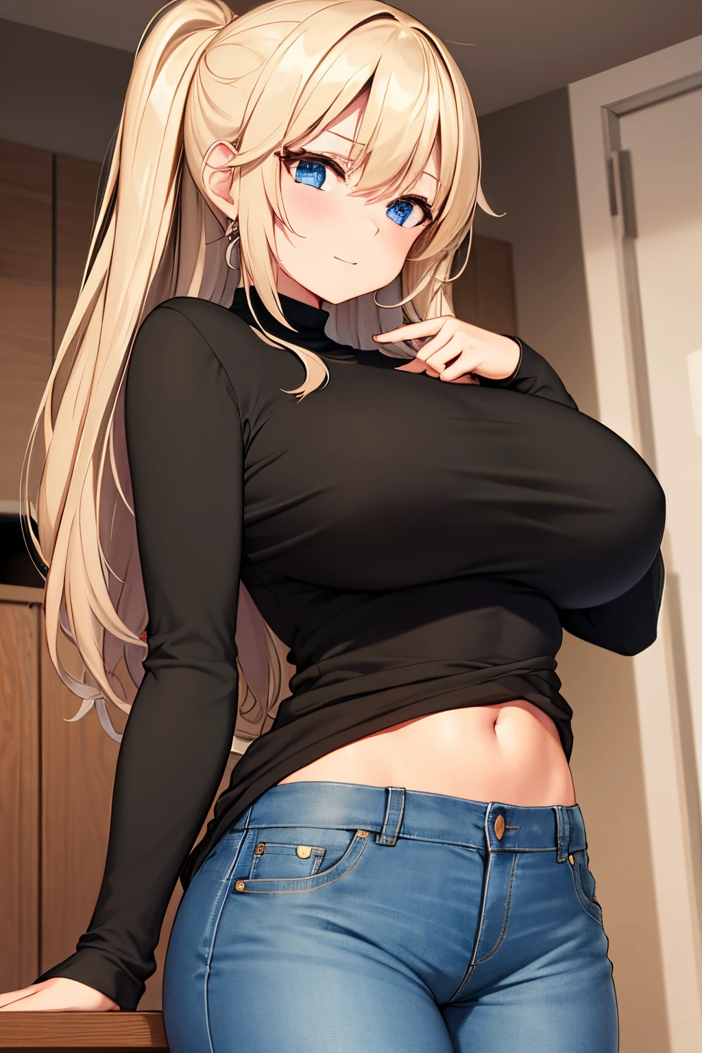 Sweater, plain black long sleeve, jeans, beautiful girl, big breasts, sexy,