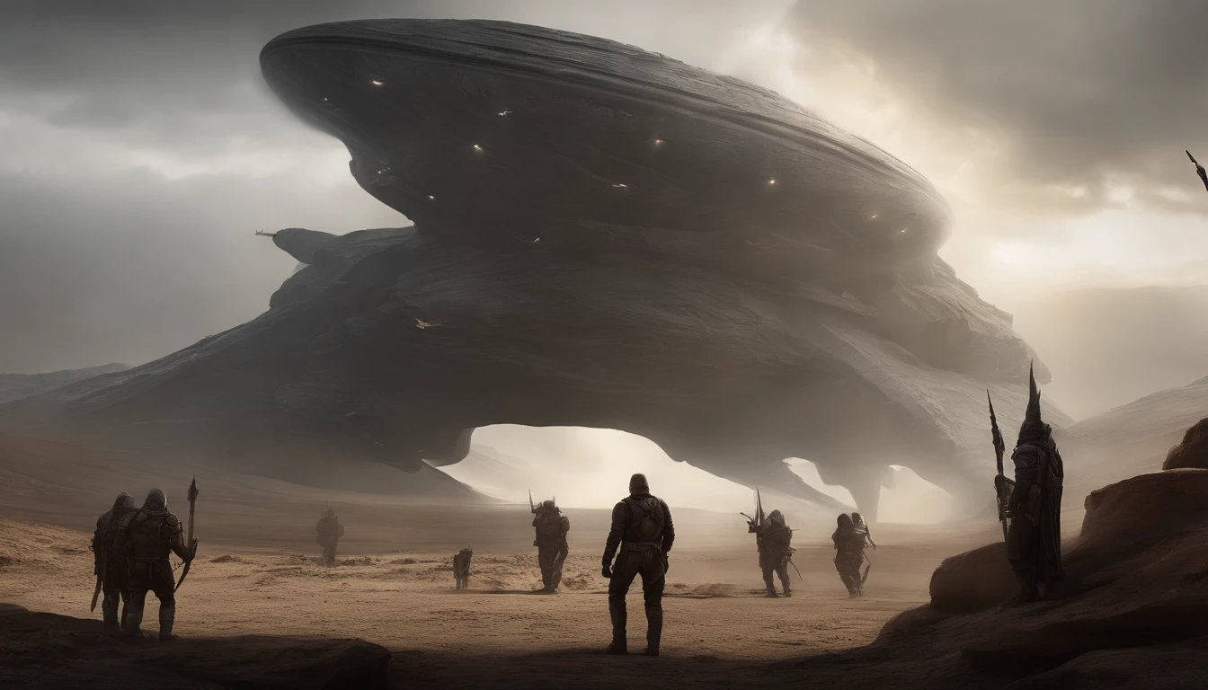 Envision a concept art masterpiece presented in 4K resolution, featuring two formidable warriors standing in silhouette against the backdrop of a sprawling battlefield. Before them looms a colossal three-headed Cerberus, standing an impressive 100 feet tall. The scene is set amidst a captivating sci-fi fantasy landscape, where detailed and beautiful sci-fi art captivates the viewer.

Spaceships soar through the cloudy sky, adding a dynamic and otherworldly element to the composition. This detailed sci-fi artwork is not merely a wallpaper; it's a concept art 4K masterpiece that seamlessly blends elements of fantasy and science fiction. The warriors' silhouettes evoke a sense of strength and readiness, poised to confront the mythical creature in this captivating and professionally crafted concept art.