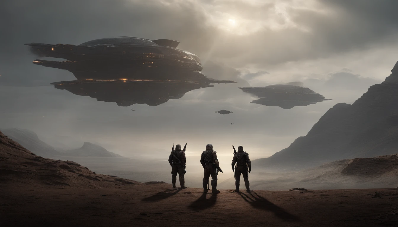 Envision a concept art masterpiece presented in 4K resolution, featuring two formidable warriors standing in silhouette against the backdrop of a sprawling battlefield. Before them looms a colossal three-headed Cerberus, standing an impressive 100 feet tall. The scene is set amidst a captivating sci-fi fantasy landscape, where detailed and beautiful sci-fi art captivates the viewer.

Spaceships soar through the cloudy sky, adding a dynamic and otherworldly element to the composition. This detailed sci-fi artwork is not merely a wallpaper; it's a concept art 4K masterpiece that seamlessly blends elements of fantasy and science fiction. The warriors' silhouettes evoke a sense of strength and readiness, poised to confront the mythical creature in this captivating and professionally crafted concept art.