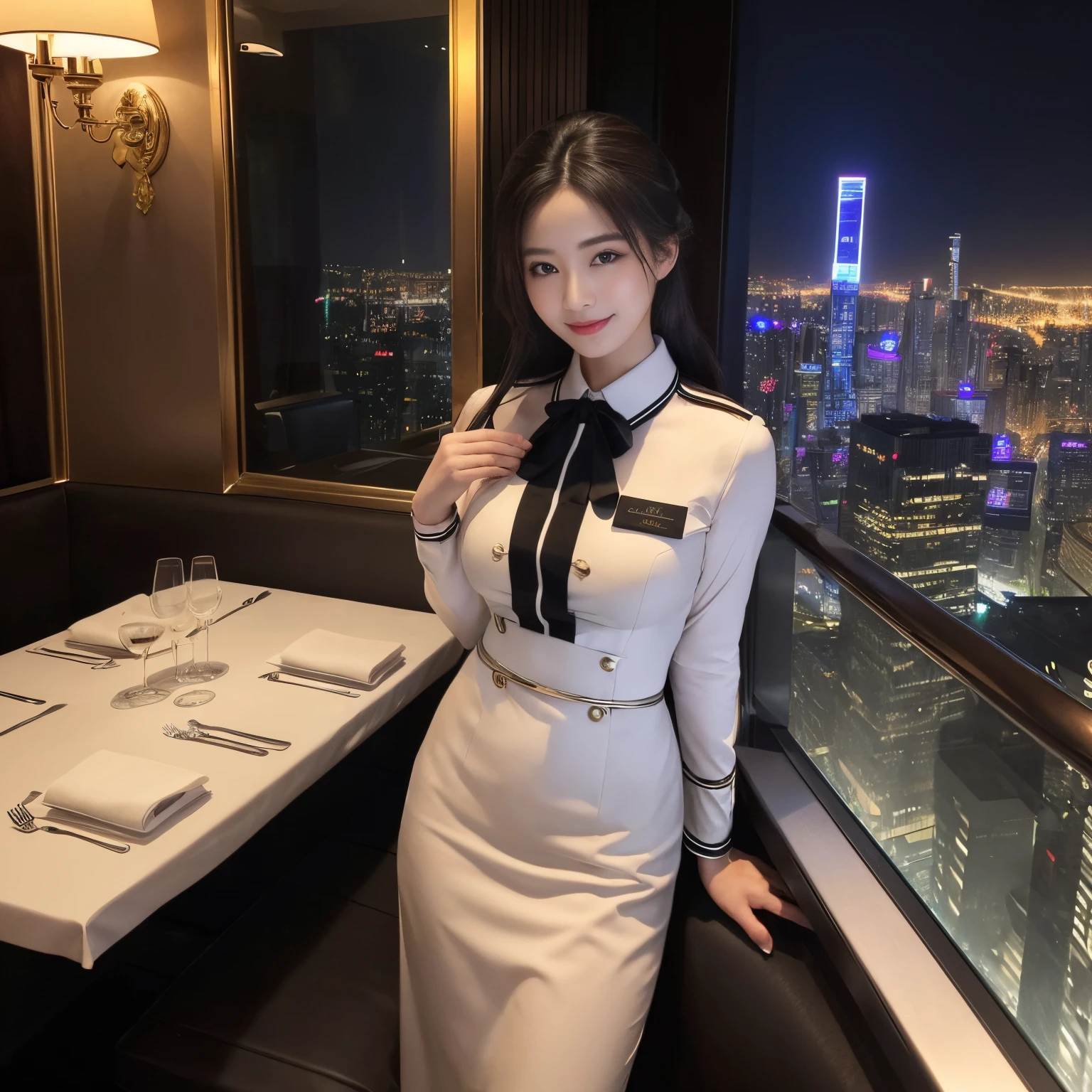((top-quality、masutepiece、8K、Top image quality、super-fine))、(1 female stewardess)、(perfect stewardess uniform:1.5)、Chignon、The background is a high-end restaurant on the 40th floor..、High-end restaurant in a high-rise building、gothic and gorgeous、Night view from the large window、Huge windows、Amazing night view from the big windows、Sit in the window seat、While looking at the wonderful night view、The view from the 40th floor is amazing、A very beautiful and complex night view、Luxury restaurant with night view、Very complex and detailed night scene、very classy restaurant interior、gorgeous lighting、Dim lighting、Very elegant and classy lighting、It feels very luxurious、very luxurious atmosphere、The most luxurious and elegant interior、The most exclusive atmosphere in the world))、She's looking at me、Bringing you the happiest smile、Biggest smile、perfect anatomia、A detailed face、Perfect fingers