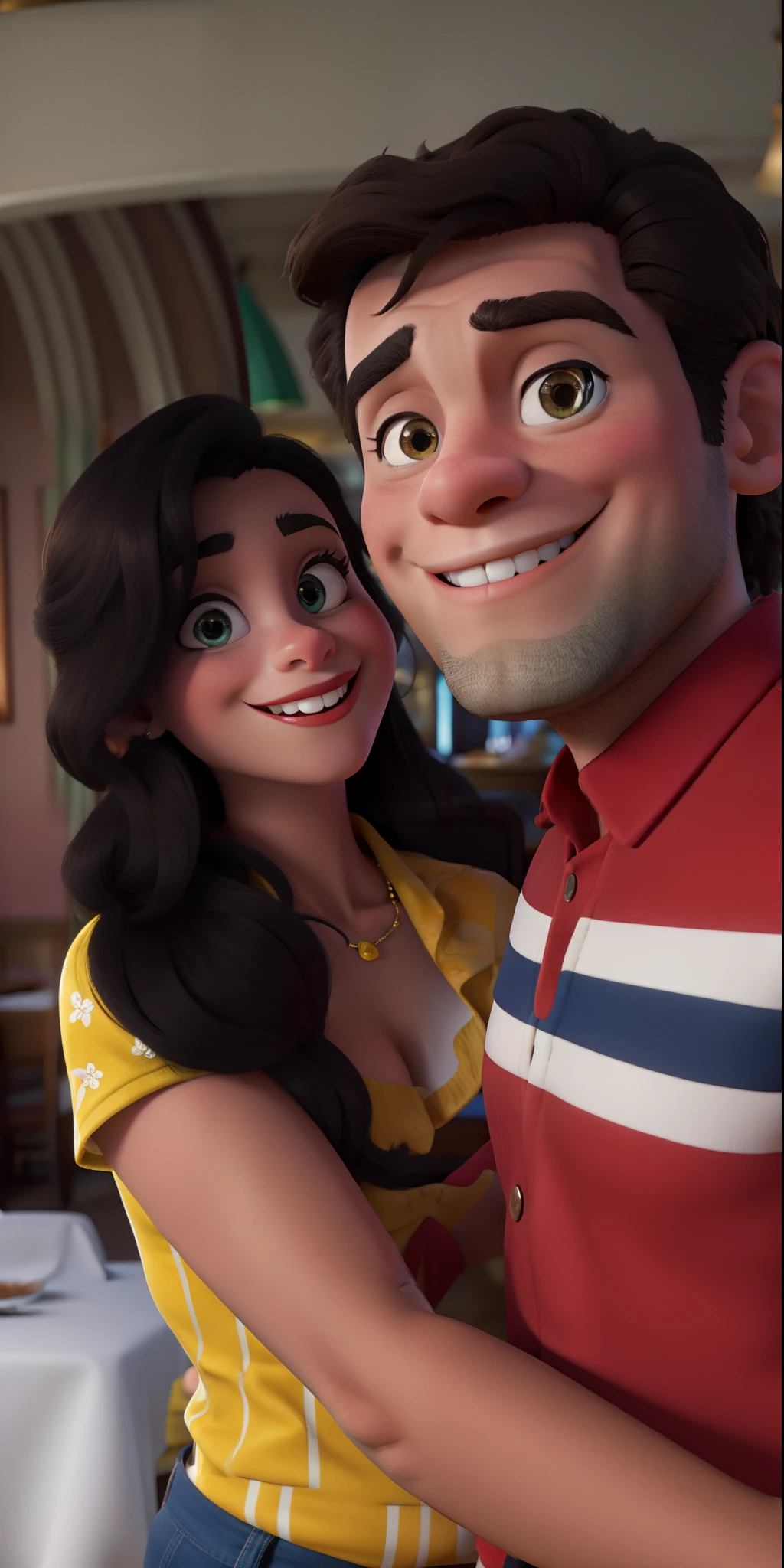 Pareja De Estilo Disney Sonriente En Restaurante.