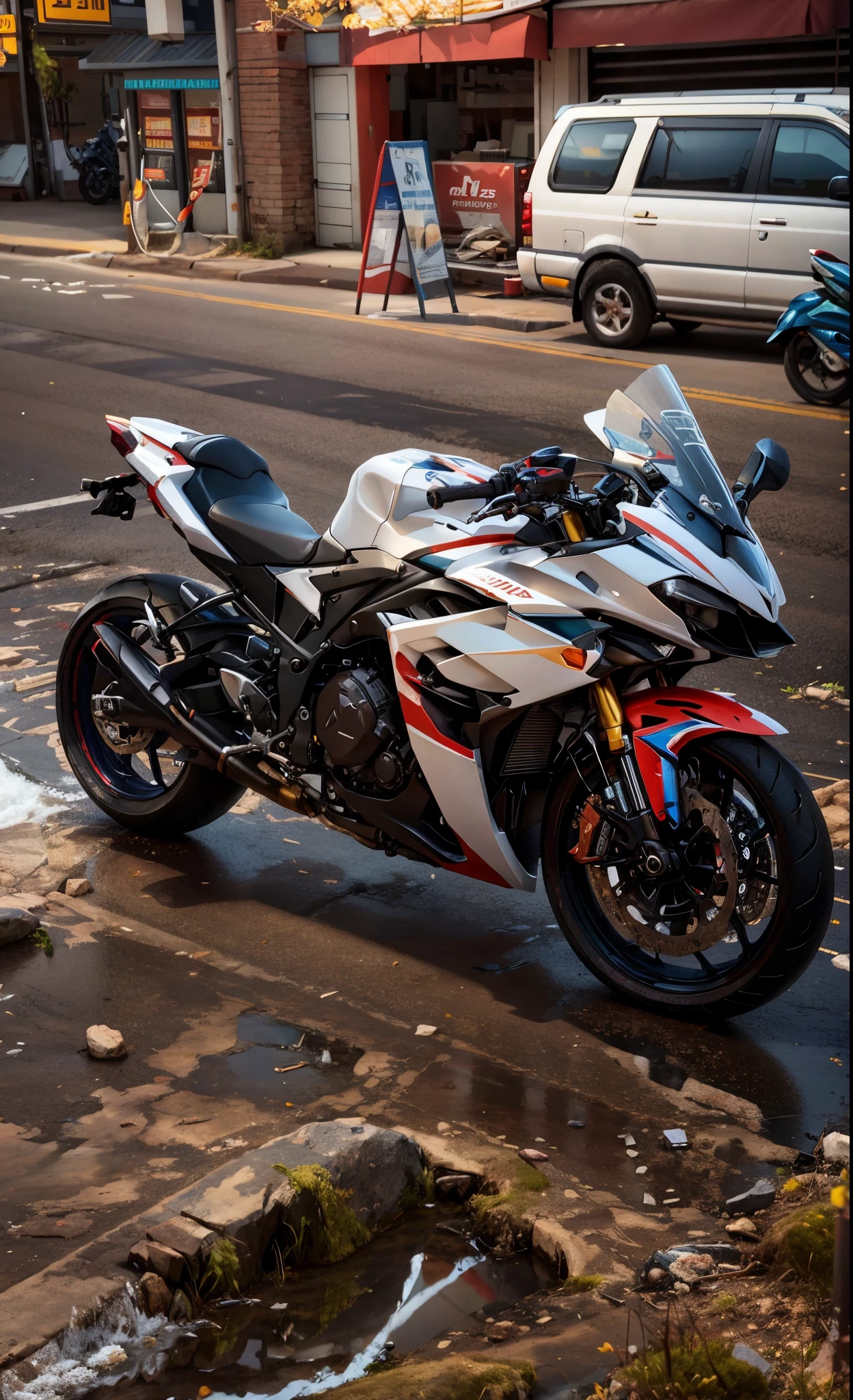 hiperrealisme:1.1),(detail:1.2)8k,motorcycle parked on the side of the road in front of a building, front side full, white red, front side, front profile, r6, front profile!!!!, unreal enging, full device, yoshimura exhaust, by Ren Renfa, side front view, front side view, full pose, silver white red details, black white, looks smart, front shot.background bokeh