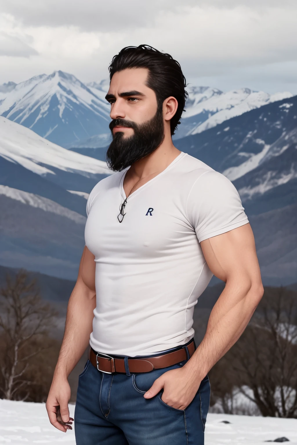 An illustration of a Greek god with a muscular build and a thick beard.............., designed in modern western attire.............. Tiene una camisa blanca y jeans.............. His expression is confident and charming.............., con un atisbo de sonrisa. The setting is a snowy mountain............., evoking a classic cold atmosphere, sin dejar de mantener el aura poderosa y regia del dios.