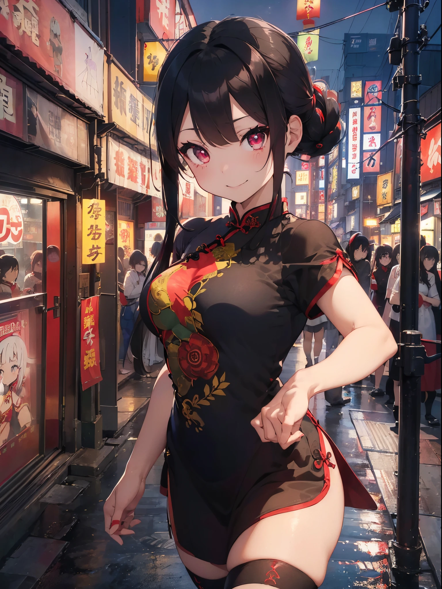 (8K、Top image quality、top-quality、masterpiece)、A detailed face、1 girl in、black hair double bun、blunt bangs、red eyes、smil、Moderately breasts、((red chinese clothes))、long-sleeve、side slit、((black pantyhose))、cowboy shot、POV、((Downtown background))
