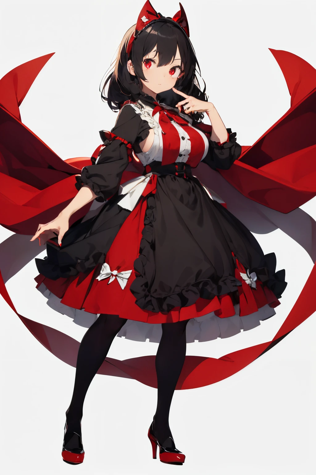 vtuber, full body stand staight from head to toes face straight to the viewer, no body pose, 1girl, black hair, red hair highlight, red eyes, wearing unique elegant black red white lolita long dress, big boobs, look elegant, wearing a fancy red white black shoes, 8K, best quality, high quality