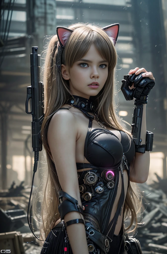 two  girls with and heavy weapons , make background ruins, ((apocalyptic scene)), cyberpunk helmets next to them, ((wearing Cat ears)), ((hand guns on side)), ((ripped clothes)), ((one carrying a cyberpunk gun)), cyberpunk theme, wearing a crop top ((underboob)), petite girlrt girls, 、steampunk suit、((hyper realistic detail))、in 8K、ultrasharp、huge tit、Raw skin is exposed in cleavage、metals、cog、Hydraulic cylinder、Details of complex ornaments、Gothloli details、extremely intricate detail、Realistic light、CGSoation Trends、purple-eyed、radiant eyes、Facing the camera