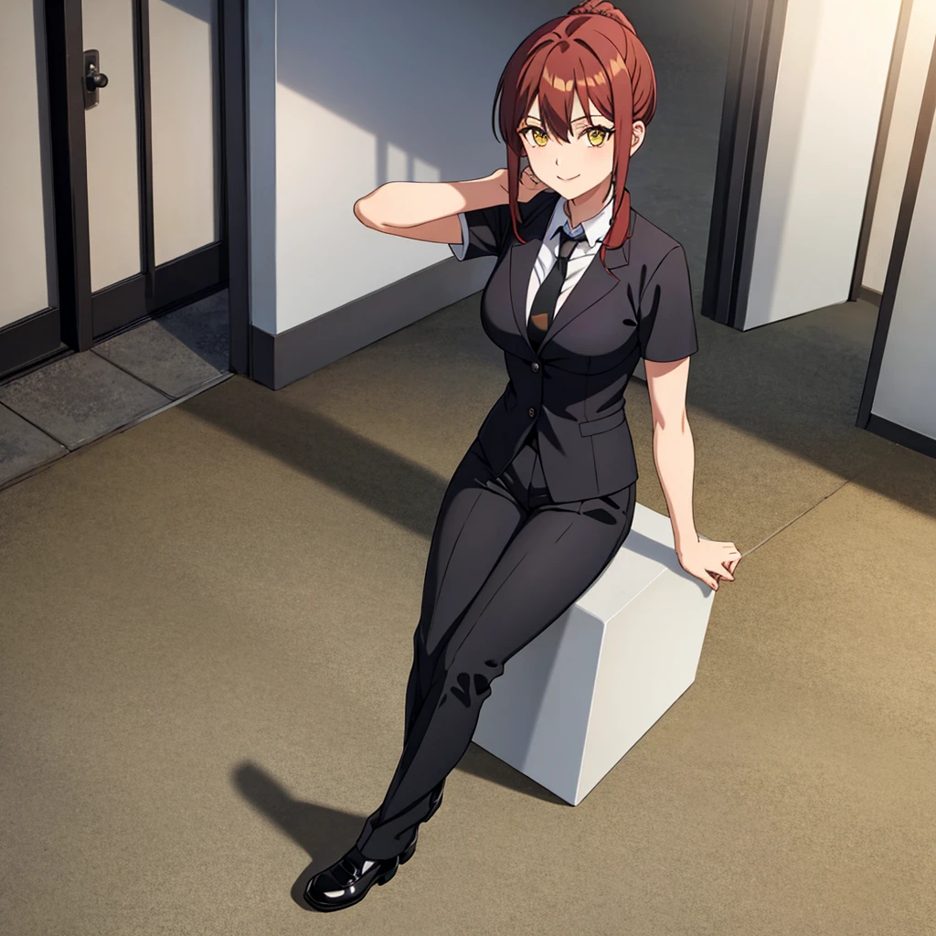((masterpiece)), ((best quality)), 1girl, bangs, black_footwear, black_necktie, black_pants, braid, braided_ponytail, breasts, business_suit, collared_shirt, eyebrows_visible_through_hair, formal, light_smile, short_sleeves, showing_off_armpit, looking_at_viewer, makima_(chainsaw_man), big_breasts, medium_hair, necktie, pants, ringed_eyes, shirt, shirt_tucked_in, sitting, smile, solo, suit, yellow_eyes, corneo_makima,