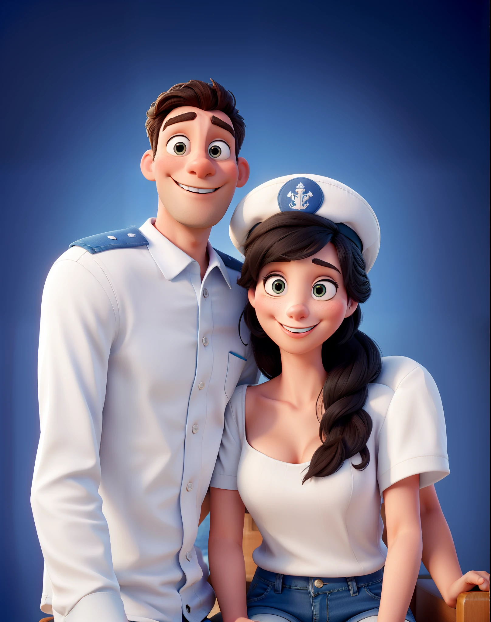 Disney style picture of a couple, man is on the left side standing wearing seafarers white gala, woman is sitting next to the man wearing seafarers hat in a jeans and white top. Pixar style