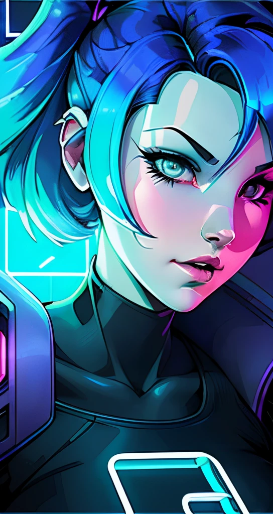 a cartoon of a woman with blue hair and a black top, glowwave girl portrait, in a cyber - punk ally, loish |, jen bartel, android 18, character art closeup, high quality portrait, drawn in a neo - noir style, digital comic, by Android Jones, by Greg Staples, by Craig Thompson, portrait of jinx from arcane