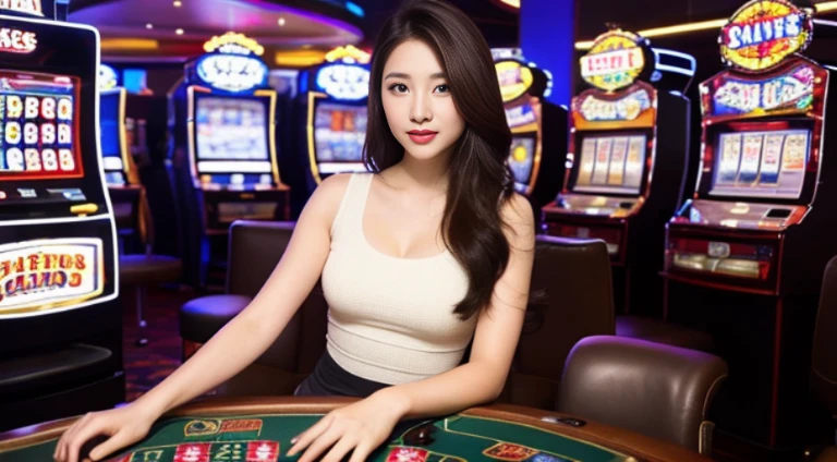 (lifelike, high-res:1.3), 1 Girl with perfect body, Ultra-fine face and eyes,long White hair, Random color tank top:1.2, shorts jeans, In a café, Coffee on the table, big nipple,(Play Slot Machines,PG slot games),(Random background,In casinos,VIP casino room, Modern Casino Console, Modern Slot Machines )