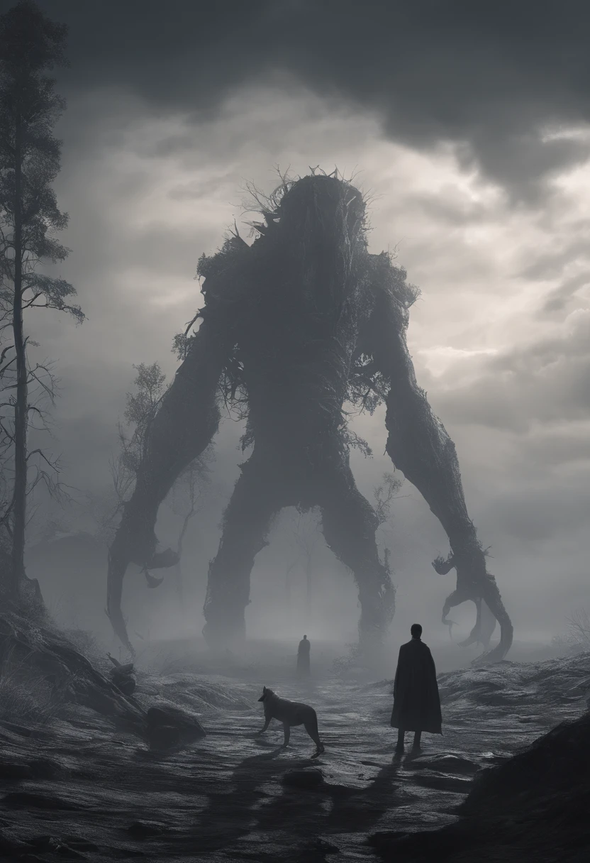 Immerse yourself in a dense narrative as a gigantic creature traverses a vast plain in the distance, shrouded in nevoeiro and neblina, enveloped by dark clouds, creating a somber and suspenseful atmosphere. This supernatural monstro, rendered with octane render and an unreal engine, embodies an otherworldly and hyper-realistic presence.
As the creature advances, the play of volumetric lighting enhances the sense of mystery, with shadows meticulously detailed to intensify the dramatic scale of the scene. The intricately detailed and fully realized character, standing in the foreground, is poised to encounter this supernatural entity.
This artwork, meticulously crafted at 4K resolution, exhibits a level of hyper-realism and intrinsic detail. It is optimized for high-quality displays, offering an incredible level of detail and perfection at 8K resolution, seamlessly compatible with RTX technology. The dense fog, haunting shadows, and dramatic scale make this an incredibly detailed and visually captivating masterpiece, immersing viewers in a story told through high-resolution, intricate visuals.