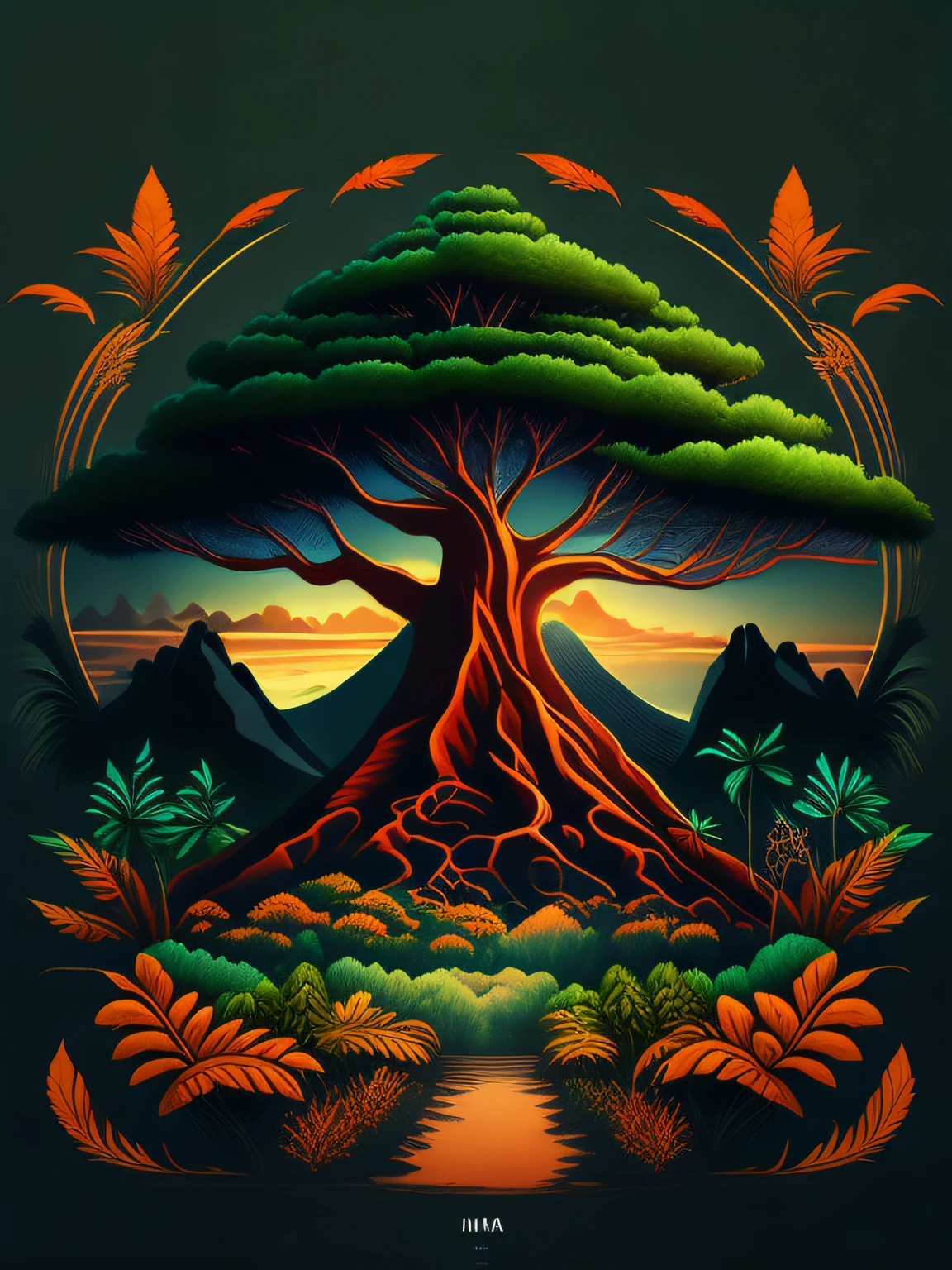 a ganja tree in the landscape of Indonesia, design de tshirt, rzminjourney, arte vetorial