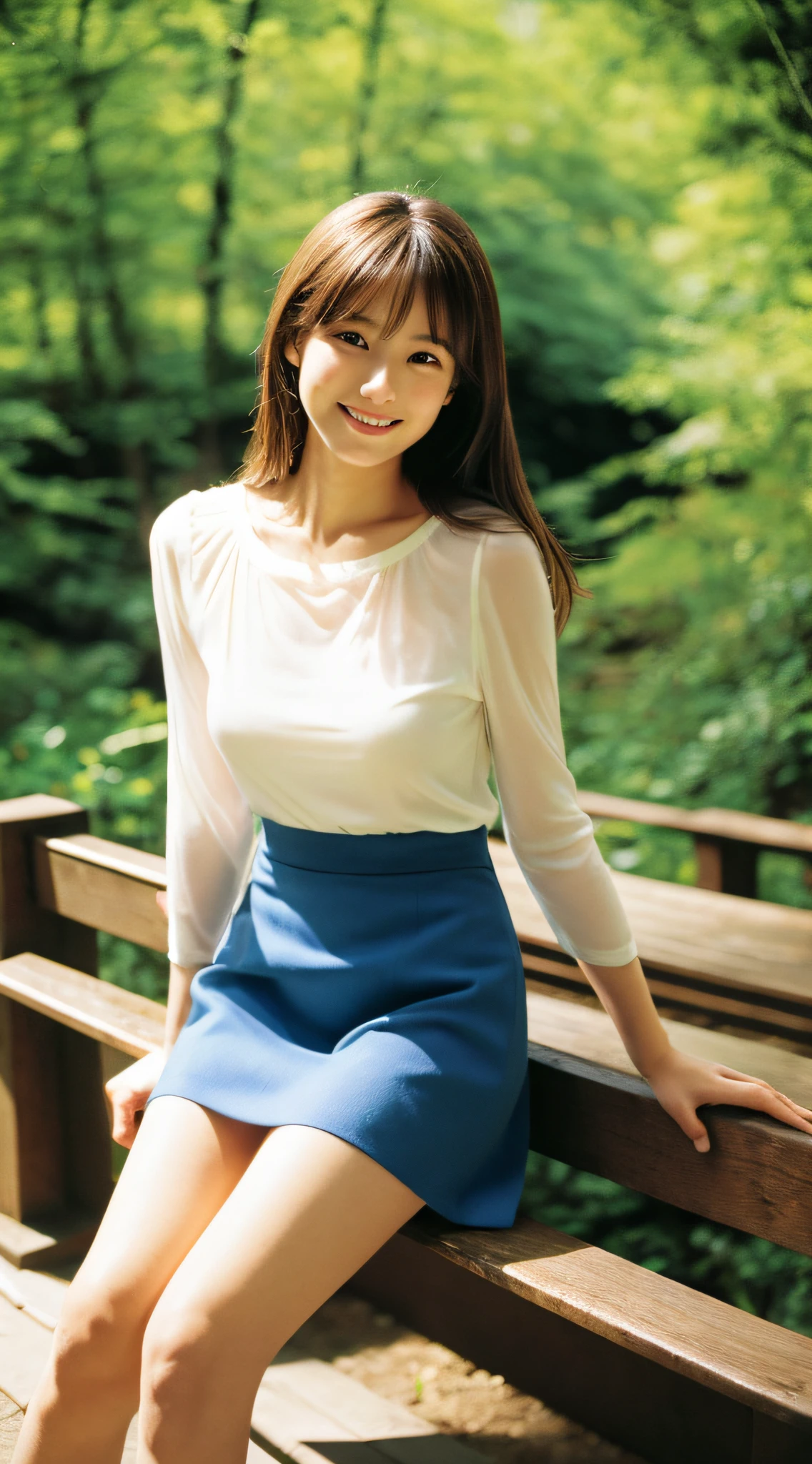 (Best Quality, masutepiece, Ultra HD: 1.3, High brightness, High color saturation), 1girl in, (middlebreasts), light brown hair, Asymmetrical hair, straight haired, Long hair, ( slender body shape, Constricted waist), (Ultra Fine Face), Delicate lips, (beautidful eyes), thin blush, eyes are brown, perfect glossy skin, View here, Smiling smile, ( hide one's hands), (Sitting on a bench), (thin and long legs, Thighs and toes:1.5), See-through white blouse, Blue tight skirt, (Black stockings), (a japanese girl, hposing Gravure Idol), Broad-leaved forest, 135 mm, Fuji Film